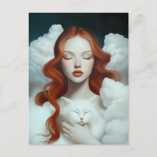 Eine rot gekleidete Frau, die eine Katze in den Wo Postkarte