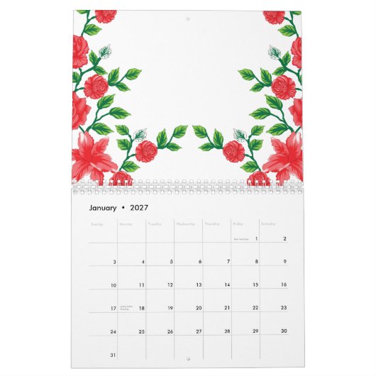 Eine rote Rose mit detaillierten Blättern, in Kli Kalender (Jan 2027)