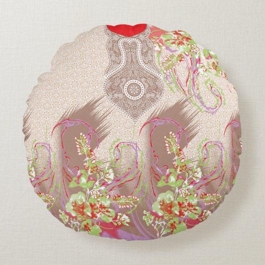 eine rote Vase mit Blume darauf. Rundes Kissen (Vorderseite)