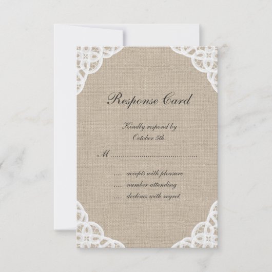 Eine rustikale Spitzen- und Burlap-UAWG RSVP Karte (Vorderseite)