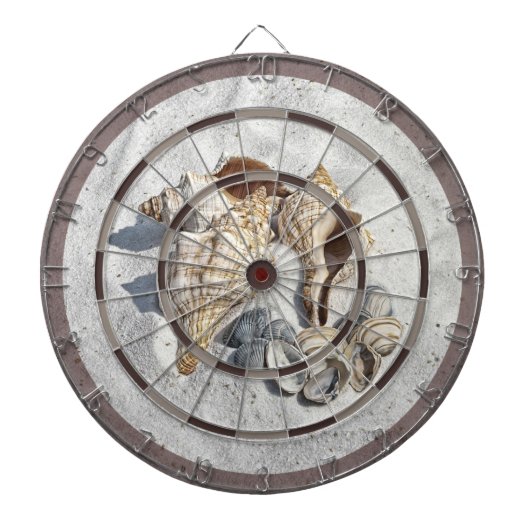 Eine Sammlung von Muscheln auf einem Sand-Dartboar Dartscheibe (vorne)