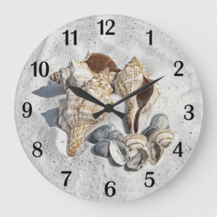 Eine Sammlung von Muscheln auf schwarzen Sandzahle Große Wanduhr