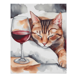 Eine schlafende Katze und roter Weinkelch, Katzenl Poster