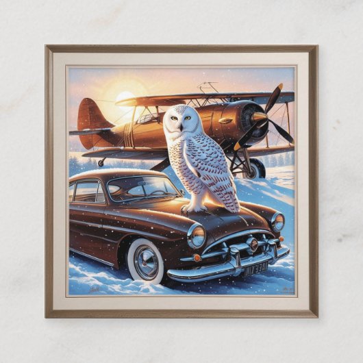 Eine Schneeeule, ein Flugzeug und ein Oldtimer Begleitkarte (Vorderseite)