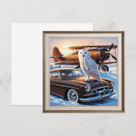 Eine Schneeeule, ein Flugzeug und ein Oldtimer Dankeskarte (Vorne/Hinten)
