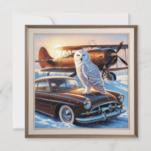 Eine Schneeeule, ein Flugzeug und ein Oldtimer Einladung