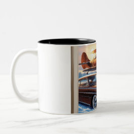 Eine Schneeeule, ein Flugzeug und ein Oldtimer Zweifarbige Tasse