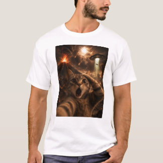 Eine schockierte Katze mit Chaos im Hintergrund T-Shirt