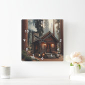 Eine schöne alte Holzhütte im Wald Quadratische Wanduhr (Zuhause)