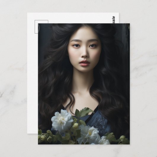 Eine schöne Frau mit langen schwarzen Haaren und B Postkarte (Vorne/Hinten)