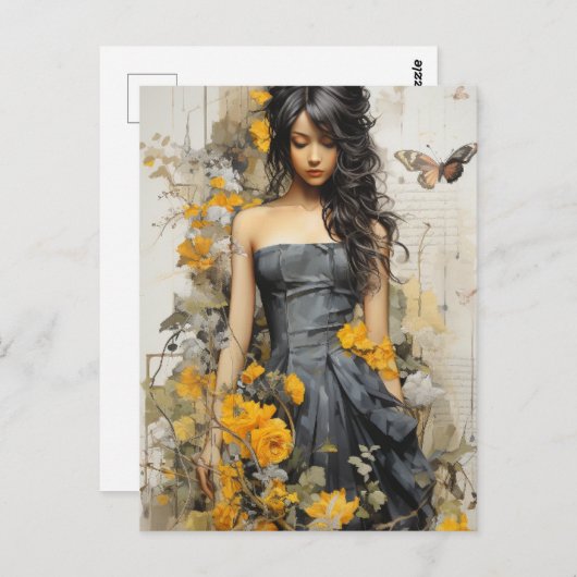 Eine schöne Frau mit langhaargelben Blumen Postkarte (Vorne/Hinten)