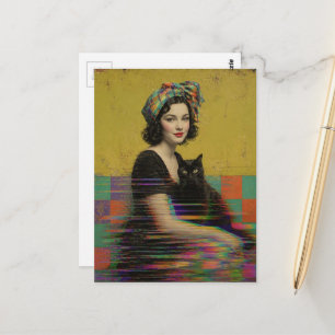 Eine schöne Frau und ihre schwarze Katze Glitch Ar Postkarte