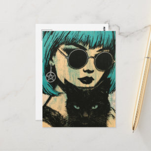 Eine schöne Hexe mit ihrer schwarzen Katze  Postkarte