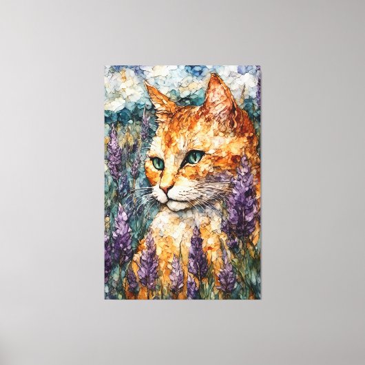 Eine schöne Ingwer Katze auf einem Lavendelfeld Leinwanddruck (Vorderseite)