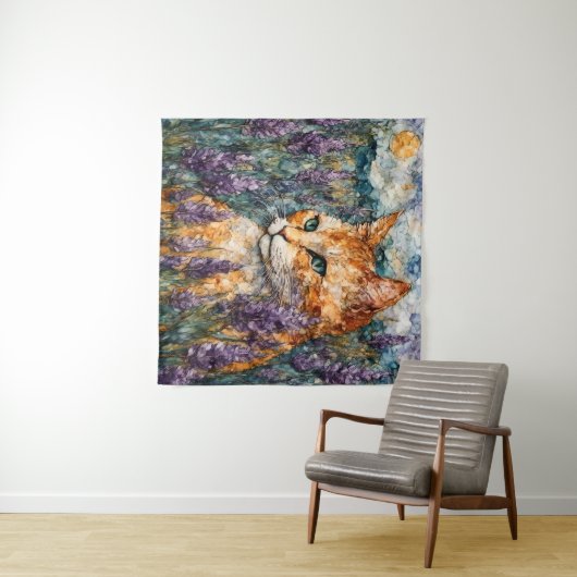 Eine schöne Ingwer Katze auf einem Lavendelfeld Wandteppich (Beispiel (Horizontal))