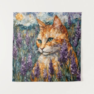 Eine schöne Ingwer Katze auf einem Lavendelfeld Wandteppich