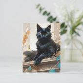 Eine schöne, langhaarige schwarze Katze Postkarte (Stehend Vorderseite)