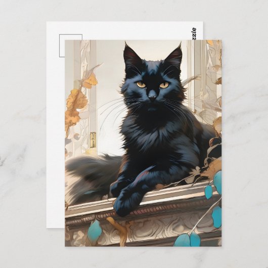Eine schöne, langhaarige schwarze Katze Postkarte (Vorne/Hinten)
