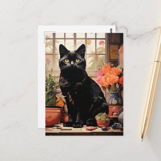 Eine schöne schwarze Katze in den Häusern Postkarte (Vorderseite/Rückseite Beispiel)