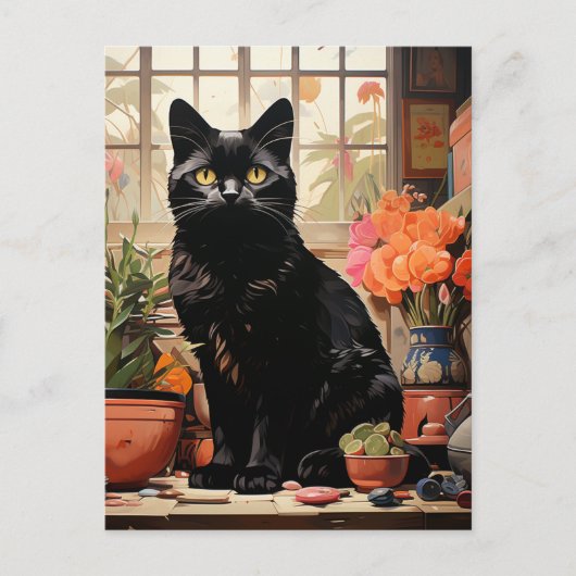 Eine schöne schwarze Katze in den Häusern Postkarte (Vorderseite)