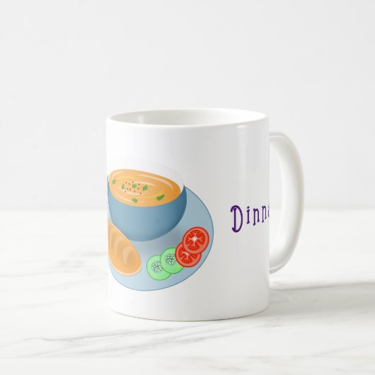 Eine Schüssel mit Essenssuppe mit Brot Kaffeetasse (VorderseiteRechts)