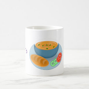 Eine Schüssel mit Essenssuppe mit Brot Kaffeetasse