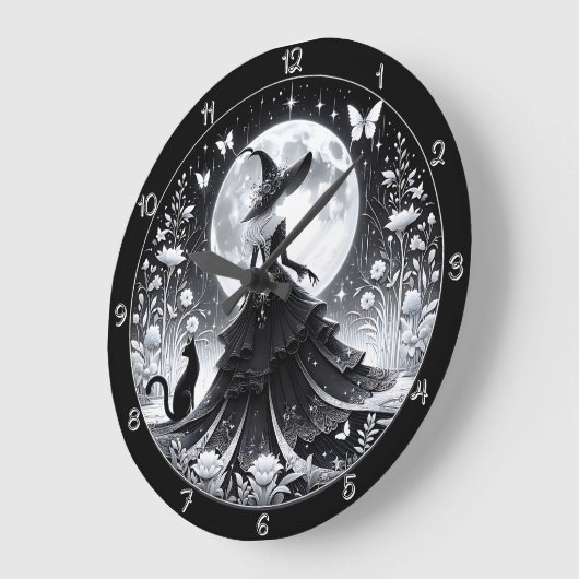 Eine Schwarz-Weiß-Hexe mit Katze Große Wanduhr (Winkel)