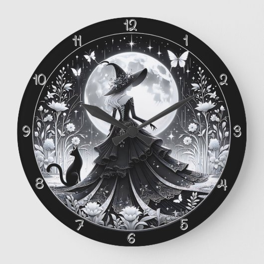 Eine Schwarz-Weiß-Hexe mit Katze Große Wanduhr (Vorderseite)