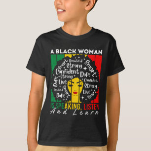 Eine schwarze Frau hört zu und lernt, wer weiß T-Shirt