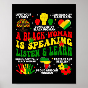 Eine schwarze Frau spricht. Hören und lernen für A Poster