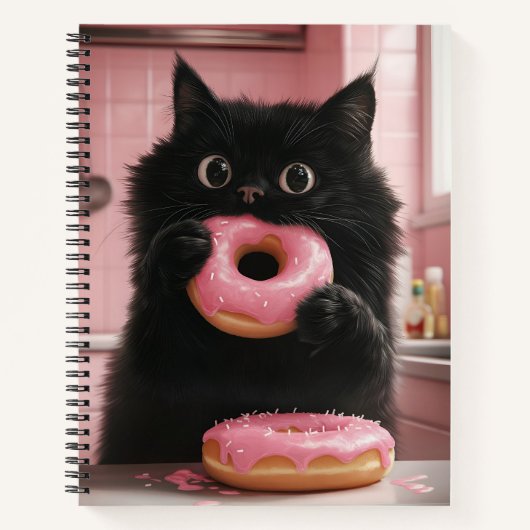 Eine schwarze Katze hält rosa Donuts in ihren Pfot Notizblock (Vorderseite)