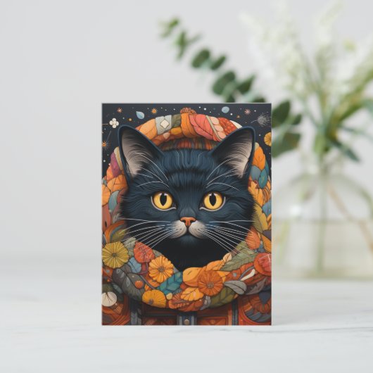 Eine schwarze Katze in einem BlumenSweater Postkarte (Stehend Vorderseite)