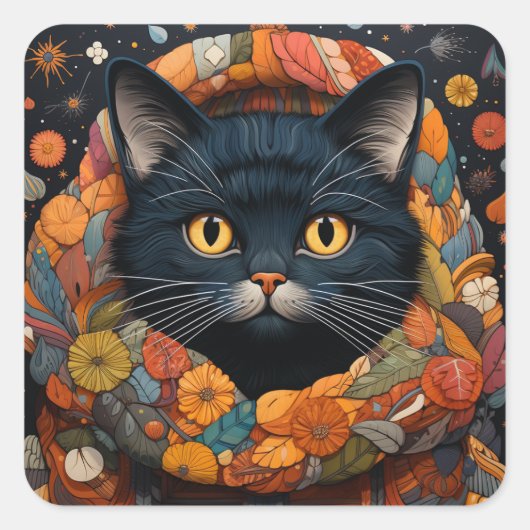 Eine schwarze Katze in einem BlumenSweater Quadratischer Aufkleber (Vorderseite)