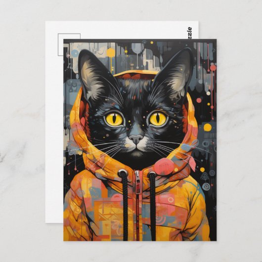 Eine schwarze Katze in einer farbenfrohen Jacke Postkarte (Vorne/Hinten)