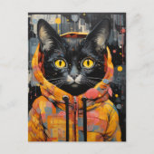 Eine schwarze Katze in einer farbenfrohen Jacke Postkarte (Vorderseite)