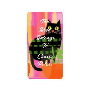 Eine schwarze Katze mit Hauspflanzen gehört zu die Adressaufkleber