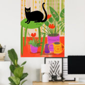 Eine schwarze Katze mit Hauspflanzen Poster (Heimbüro)