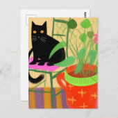 Eine schwarze Katze mit Hauspflanzen Postkarte (Vorne/Hinten)