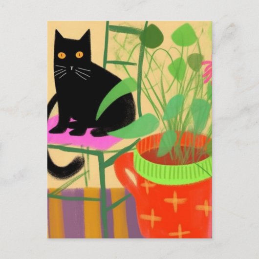 Eine schwarze Katze mit Hauspflanzen Postkarte (Vorderseite)