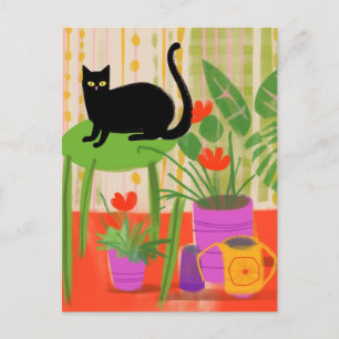 Eine schwarze Katze mit Hauspflanzen Postkarte