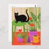 Eine schwarze Katze mit Hauspflanzen Postkarte (Vorne/Hinten)