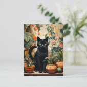 Eine schwarze Katze mit Hauspflanzen Postkarte (Stehend Vorderseite)