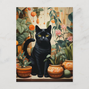 Eine schwarze Katze mit Hauspflanzen Postkarte