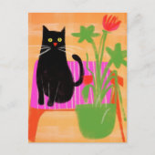 Eine schwarze Katze mit Hauspflanzen sitzt auf ros Postkarte (Vorderseite)