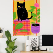Eine schwarze Katze mit Kariertem Houseplant Poster (Heimbüro)