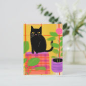 Eine schwarze Katze mit Kariertem Houseplant Postkarte (Stehend Vorderseite)