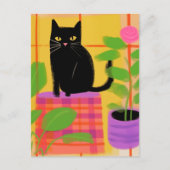 Eine schwarze Katze mit Kariertem Houseplant Postkarte (Vorderseite)
