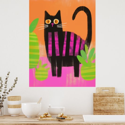 Eine schwarze Katze mit rosa Streifen und Häusern Poster (Küche)