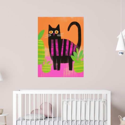 Eine schwarze Katze mit rosa Streifen und Häusern Poster (Kinderzimmer 2)