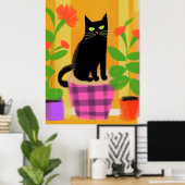Eine schwarze Katze mit rosafarbenen Hauspflanzen, Poster (Heimbüro)